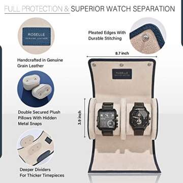 ROSELLE Genuine Leather Watch Roll Travel Case - Watch Roll Case For 2 Watches With Luxury Lining - ...
