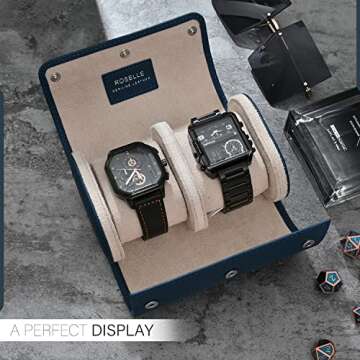 ROSELLE Genuine Leather Watch Roll Travel Case - Watch Roll Case For 2 Watches With Luxury Lining - Protect, Travel,Store, Display Fine Watches (2 slot Blue-Genuine Leather)