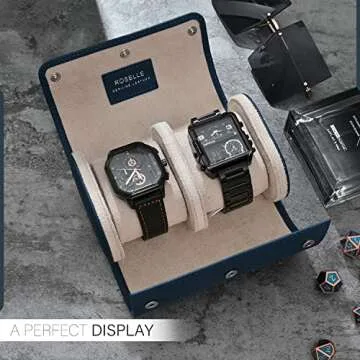 ROSELLE Genuine Leather Watch Roll Travel Case - Watch Roll Case For 2 Watches With Luxury Lining - Protect, Travel,Store, Display Fine Watches (2 slot Blue-Genuine Leather)