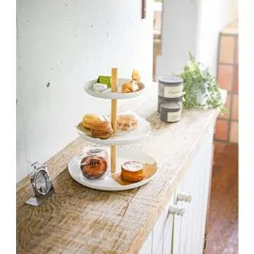 Yamazaki Home 3-Tier Food Serving Stand - Appetizer & Dessert Tray Party Organizer Steel + Wood White