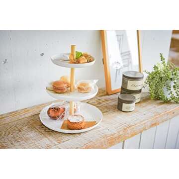 Yamazaki Home 3-Tier Food Serving Stand - Appetizer & Dessert Tray Party Organizer Steel + Wood White