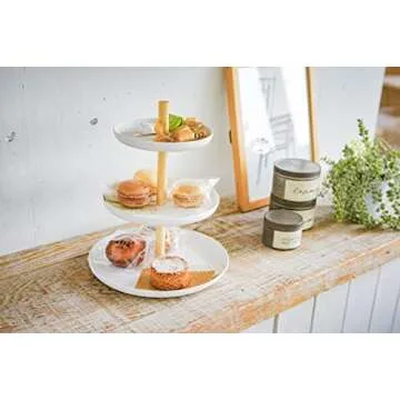 Yamazaki Home 3-Tier Food Serving Stand - Appetizer & Dessert Tray Party Organizer Steel + Wood White