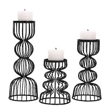 Lainon Candle Holders for Pillar Candles (Black, Set of 3) - Hand Crafted Black Metal Candle Holder Set - Metal Candle Holders Pillar for Table Centerpiece - Modern Candle Stand - 6", 9", 12"