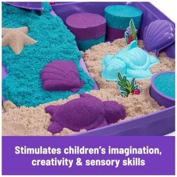Kinetic Sand, Mermaid Palace Playset with 2.06lbs Play Sand (Neon Purple, Shimmer Teal & Beach), Tools & Folding Sandbox, Sensory Toys for Kids