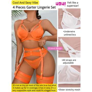 Kaei&Shi Garter Belt Thong Lingerie for Women,Strappy Hollow Out Sexy Lingerie,Underwire Mesh Sheer ...