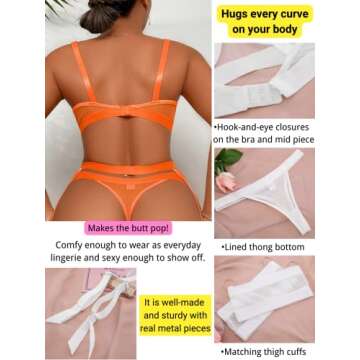 Kaei&Shi Garter Belt Thong Lingerie for Women,Strappy Hollow Out Sexy Lingerie,Underwire Mesh Sheer Matching 4 Piece Lingerie Set Petite Boudoir Orange Small