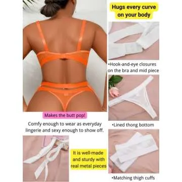 Kaei&Shi Garter Belt Thong Lingerie for Women,Strappy Hollow Out Sexy Lingerie,Underwire Mesh Sheer Matching 4 Piece Lingerie Set Petite Boudoir Orange Small