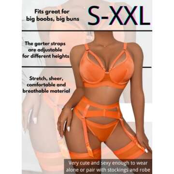 Kaei&Shi Garter Belt Thong Lingerie for Women,Strappy Hollow Out Sexy Lingerie,Underwire Mesh Sheer Matching 4 Piece Lingerie Set Petite Boudoir Orange Small