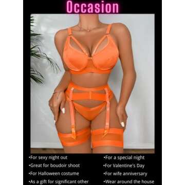 Kaei&Shi Garter Belt Thong Lingerie for Women,Strappy Hollow Out Sexy Lingerie,Underwire Mesh Sheer Matching 4 Piece Lingerie Set Petite Boudoir Orange Small