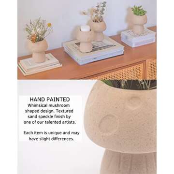 BASE ROOTS Mushroom Decor Planter Handmade Ceramic Flower Vase Textured Sand Unique Small Plant Pot Boho Cottagecore Room Cute Vintage Aesthetic Funky Decoration
