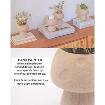 BASE ROOTS Mushroom Decor Planter Handmade Ceramic Flower Vase Textured Sand Unique Small Plant Pot Boho Cottagecore Room Cute Vintage Aesthetic Funky Decoration