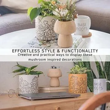 BASE ROOTS Mushroom Decor Planter Handmade Ceramic Flower Vase Textured Sand Unique Small Plant Pot Boho Cottagecore Room Cute Vintage Aesthetic Funky Decoration