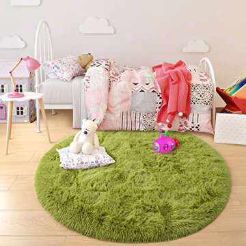 junovo Round Rug 6x6 Feet Fluffy Soft Area Rugs for Kids Girls Room Princess Castle Plush Shaggy Carpet Cute Circle Nursery Rug for Kids Teen's Bedroom Home Decor Large Circular Carpet, Green