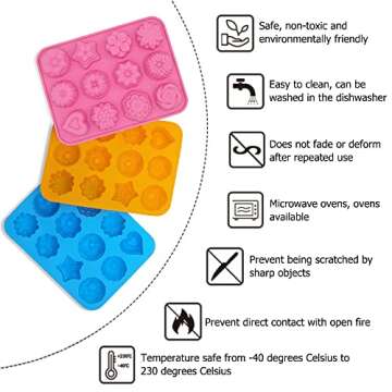 3 Pcs Silicone Flower Molds, CNYMANY 12-Cavity Non-Stick Jello Mold Baking Pans Ice Cube Trays for Kitchen Making Candy Chocolate Muffin Cupcake - Pink, Blue, Orange