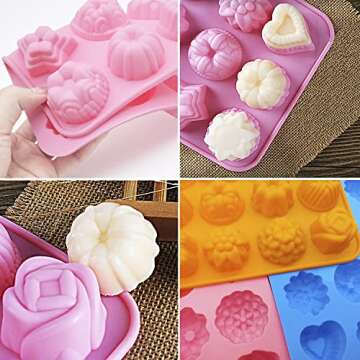 3 Pcs Silicone Flower Molds, CNYMANY 12-Cavity Non-Stick Jello Mold Baking Pans Ice Cube Trays for Kitchen Making Candy Chocolate Muffin Cupcake - Pink, Blue, Orange
