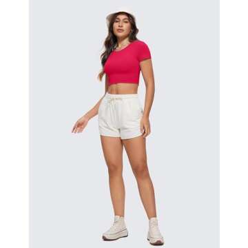 CRZ YOGA Womens Butterluxe Double Lined Short Sleeve Crop Tops Crew Neck Casual Workout T-Shirt Cute Basic Tee Viva Magenta Medium