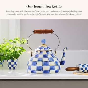 MACKENZIE-CHILDS Enamel Tea Kettle, Stylish Tea Kettle for Stovetop, Blue-and-White Royal Check, 3 Q...