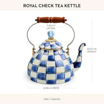 MACKENZIE-CHILDS Enamel Tea Kettle, Stylish Tea Kettle for Stovetop, Blue-and-White Royal Check, 3 Quarts