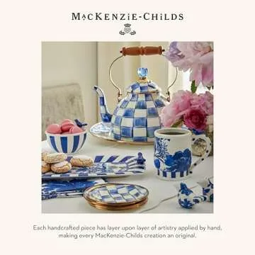MACKENZIE-CHILDS Enamel Tea Kettle, Stylish Tea Kettle for Stovetop, Blue-and-White Royal Check, 3 Quarts