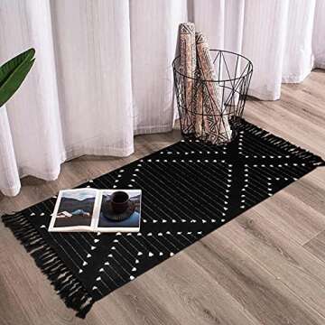 Boho Kitchen Rug 2'x 4.3', Cotton Hand Woven Runner Rug Machine Washable Boho Entryway Rug with Tassel Moroccan Tribal Decorative Throw Floor Mat for Doorway/Laundry/Bedroom/Bathroom