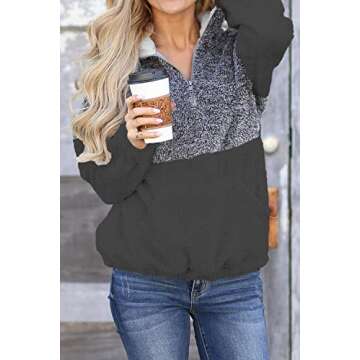 Olive Tree Women Long Sleeve Sherpa Pullover Zippered Soft Tops Coat Fleece with Pocket (Black & Gray, L)