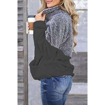 Olive Tree Women Long Sleeve Sherpa Pullover Zippered Soft Tops Coat Fleece with Pocket (Black & Gray, L)