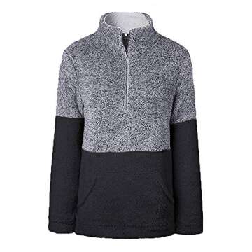 Olive Tree Women Long Sleeve Sherpa Pullover Zippered Soft Tops Coat Fleece with Pocket (Black & Gray, L)