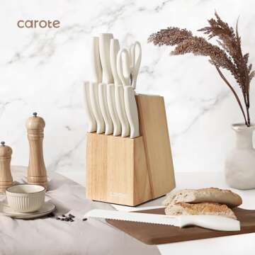 CAROTE 15Piece Knife Set, Kitchen Knife Block Set, Elegant White Ceramic-Coated Blades with Stylish Wooden Block for Modern Culinary Excellence