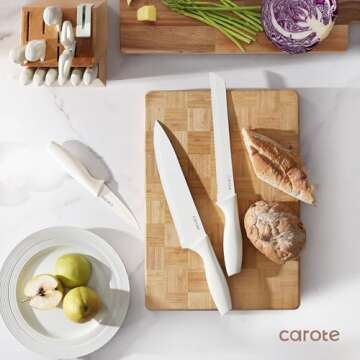 CAROTE 15Piece Knife Set, Kitchen Knife Block Set, Elegant White Ceramic-Coated Blades with Stylish Wooden Block for Modern Culinary Excellence