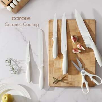 CAROTE 15Piece Knife Set, Kitchen Knife Block Set, Elegant White Ceramic-Coated Blades with Stylish Wooden Block for Modern Culinary Excellence