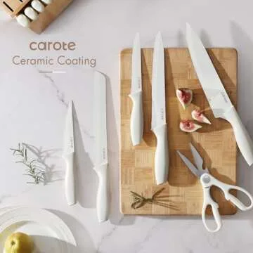 CAROTE 15Piece Knife Set, Kitchen Knife Block Set, Elegant White Ceramic-Coated Blades with Stylish Wooden Block for Modern Culinary Excellence