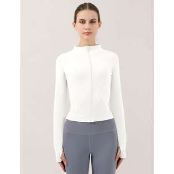 Locachy Women's Lightweight Stretchy Workout Full Zip Running Track Jacket with Thumb Holes White S