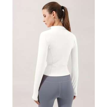 Locachy Women's Lightweight Stretchy Workout Full Zip Running Track Jacket with Thumb Holes White S