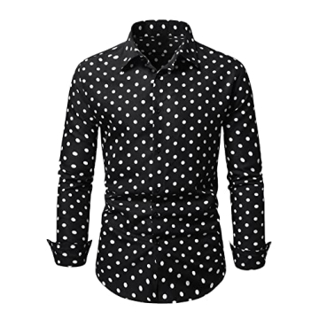 WDIRARA Men's Polka Dots Button Front Long Sleeve Collar Shirt Casual Tops Black L