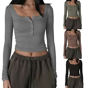 Women's Sexy Basic Ribbed Knit Slim Fit Crop Tops Long Sleeve Square Neck Solid Tight T Shirts Y2k Going Out Cropped Fitted Under Layer Tees Teen Girls Skinny Streetwear