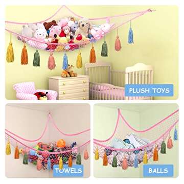 LXUNYI Stuffed Animal Net or Hammock, Net for Stuffed Animals, Boho Toy Net Hammock for Stuffed Animals with Tassels Corner Mesh Macrame Hanging Net Hammock for Plush Toy (Pink2)