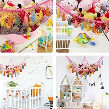 LXUNYI Stuffed Animal Net or Hammock, Net for Stuffed Animals, Boho Toy Net Hammock for Stuffed Animals with Tassels Corner Mesh Macrame Hanging Net Hammock for Plush Toy (Pink2)