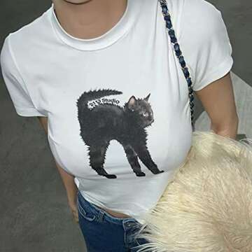 Tuislay Womens Y2k Print Crop Baby Tees Aesthetic Cute Cat Graphic Slim Fit Casual Summer Streetwear...