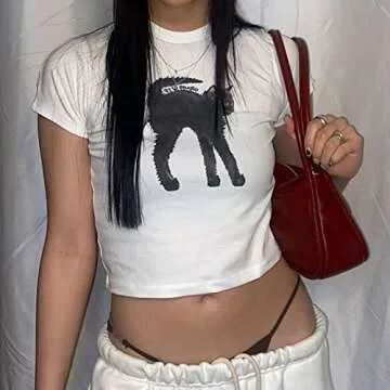 Tuislay Womens Y2k Print Crop Baby Tees Aesthetic Cute Cat Graphic Slim Fit Casual Summer Streetwear T-Shirt for Teen Girls(White,M)