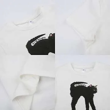 Tuislay Womens Y2k Print Crop Baby Tees Aesthetic Cute Cat Graphic Slim Fit Casual Summer Streetwear T-Shirt for Teen Girls(White,M)