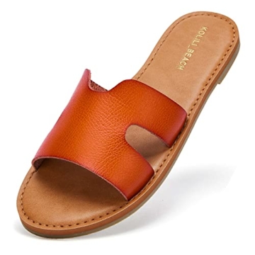 KOLILI Flat Sandals for Women Comfort Beach Slide Sandals Cute Fashion Sandals Summer Shoes， Brown, 7.5 US