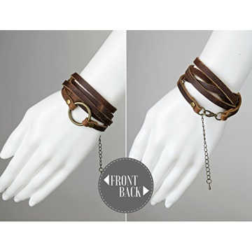 SPUNKYsoul Handmade Womens Brown Leather Wrap Bracelet - Bohemian 5-Wrap with Brass Circle Symbol, Adjustable Rustic (Women's)