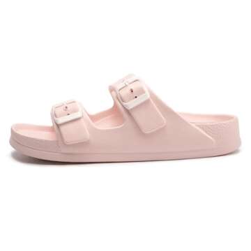FUNKYMONKEY Women's Comfort Slides Double Buckle Adjustable EVA Flat Sandals (9 M US, Pink A)