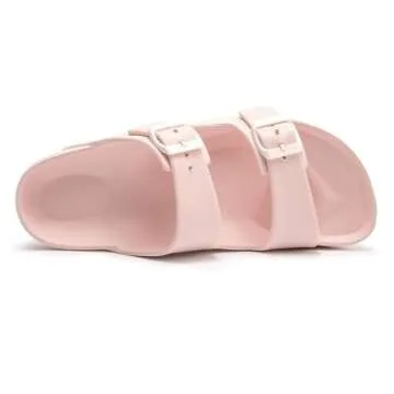 FUNKYMONKEY Women's Comfort Slides Double Buckle Adjustable EVA Flat Sandals (9 M US, Pink A)