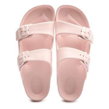 FUNKYMONKEY Women's Comfort Slides Double Buckle Adjustable EVA Flat Sandals (9 M US, Pink A)