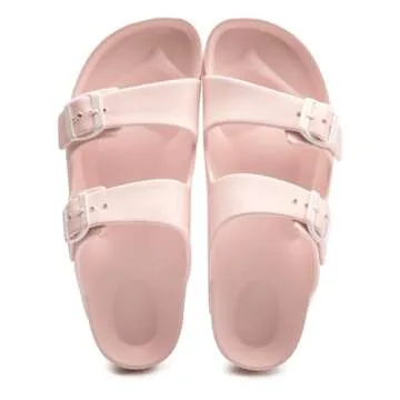 FUNKYMONKEY Women's Comfort Slides Double Buckle Adjustable EVA Flat Sandals (9 M US, Pink A)