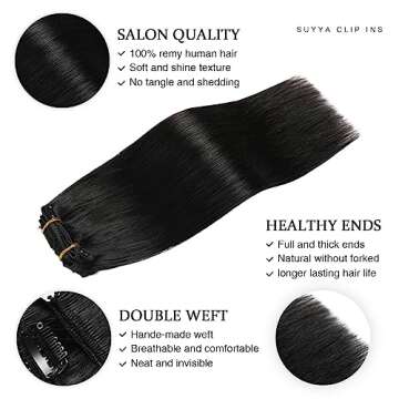 SUYYA Clip in Hair Extensions Real Human Hair,Jet Black Clip in Hair Extensions Human Hair Straight Hair Extensions Clip ins Double Weft 7pcs 120g (20 inches #1 Jet black)