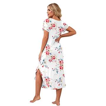 PrinStory Womens Long Nightgowns V Neck Loungewear Short Sleeve Sleepwear Casual Nightdress FP White-X-Large