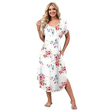 PrinStory Womens Long Nightgowns V Neck Loungewear Short Sleeve Sleepwear Casual Nightdress FP White-X-Large