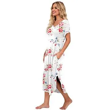 PrinStory Womens Long Nightgowns V Neck Loungewear Short Sleeve Sleepwear Casual Nightdress FP White-X-Large